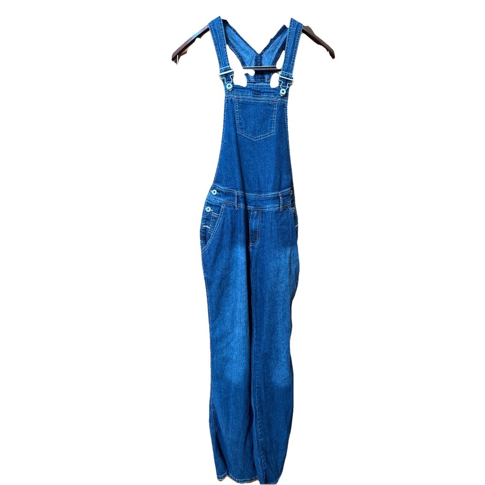 Vintage Lazer Wide Leg Bib Overalls Size 9/ Medium Blue Denim Missing Button Y2K